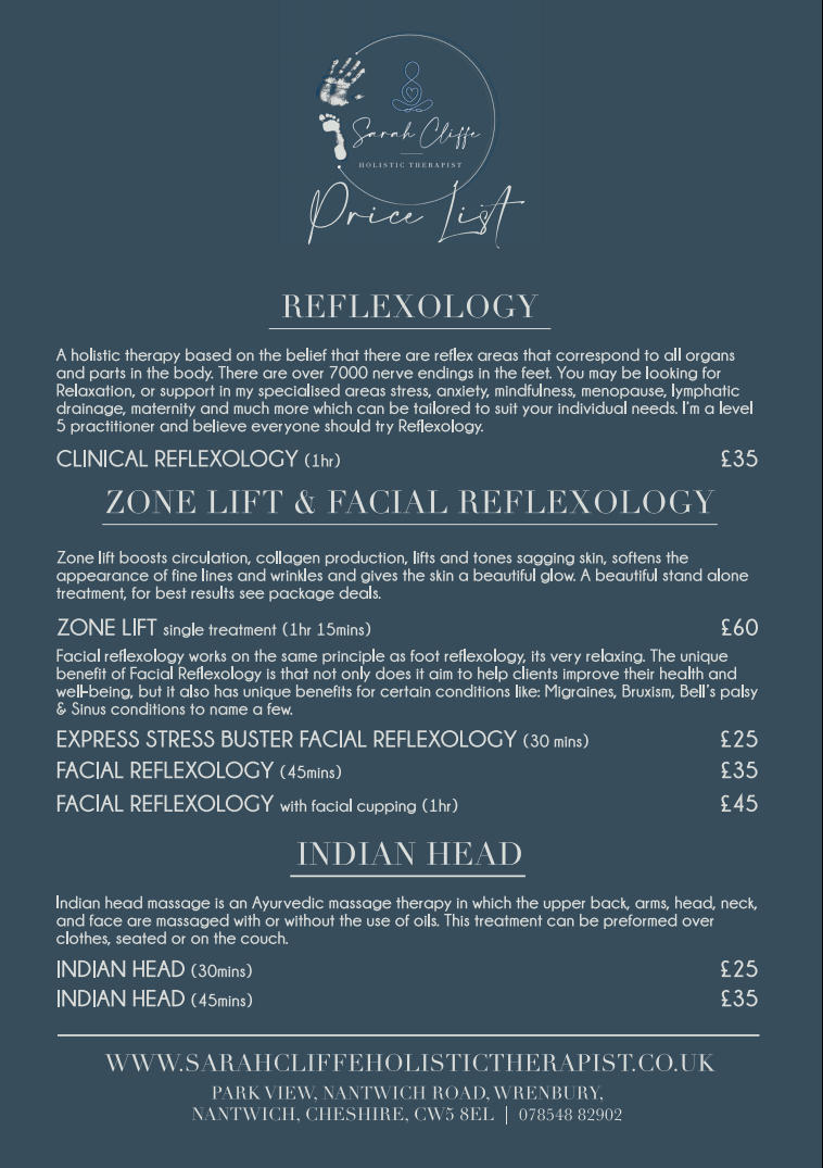 Price list featuring Reflexology, Zone lift and facial reflexology and Indian head