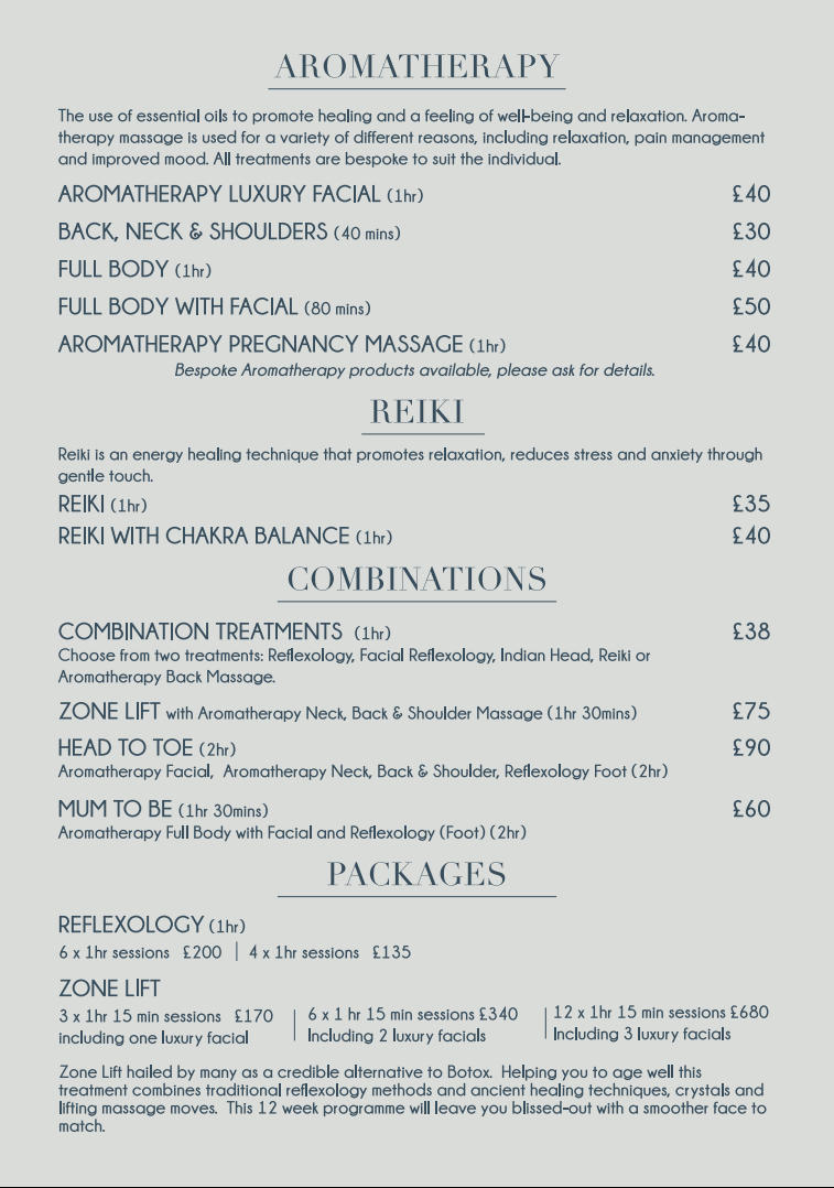 Price list featuring Aromatherapy, Reiki and combinations of various therapies